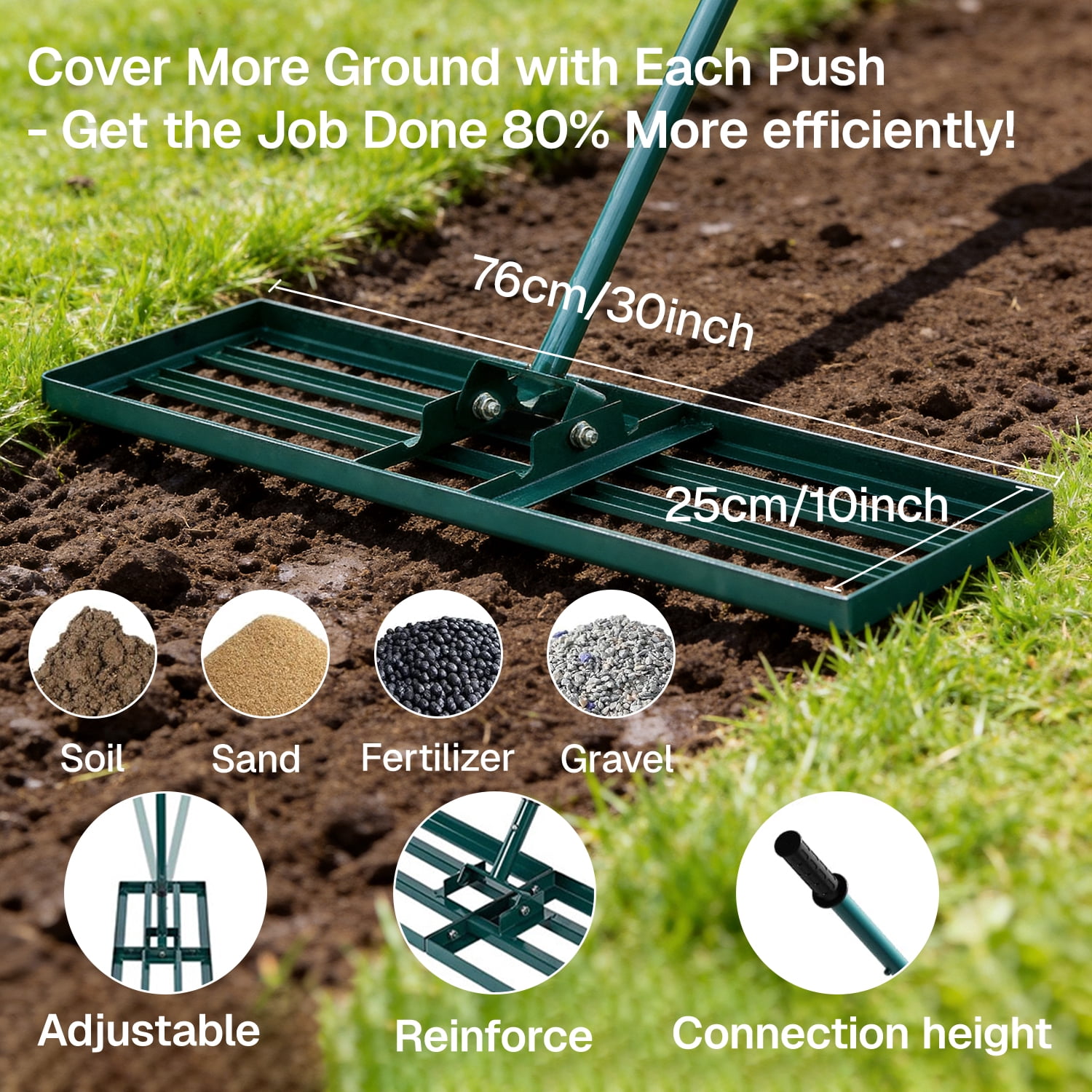BN-LINK Lawn Leveling Rake, 30"x10" Leveler Plate, Yard Leveling Rake with Ergonomic Adjustable Handle,Soil Level Tool for Garden,Ground,Backyard,Farm,Green