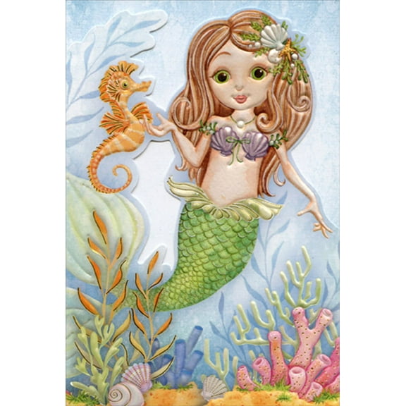Pictura Mermaid and Seahorse Nicole Tamarin Die Cut Juvenile Birthday Card for Girls