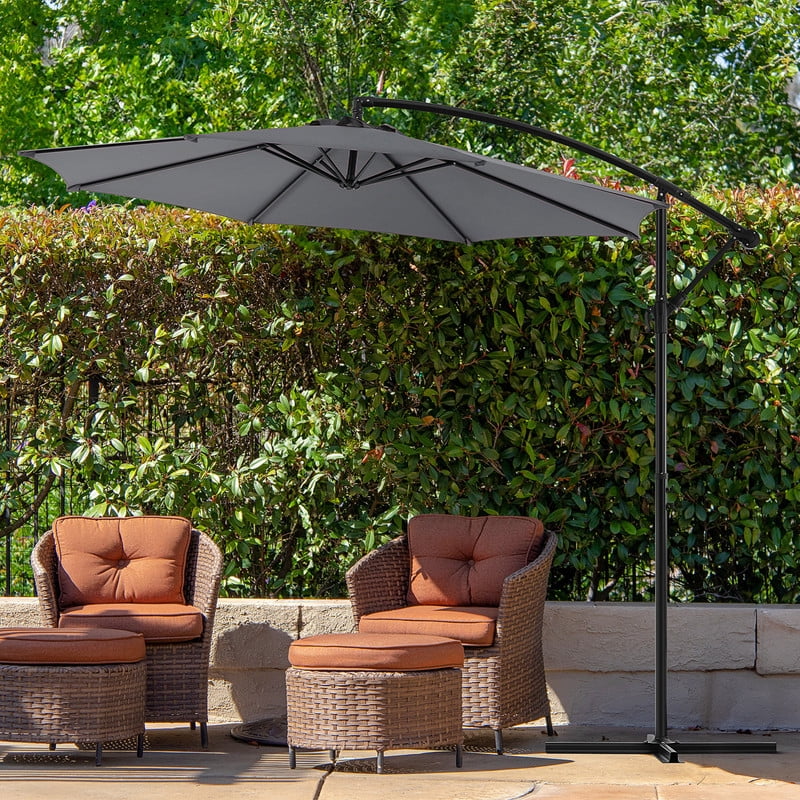 Simenmax 9.8FT Offset Cantilever Patio Umbrella, Heavy Duty Outdoor Hanging Market Umbrella with Crank Lift for Backyard, Pool, Garden, Deck (Gray)