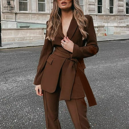 Xdegoge Womens 2 Piece Outfits Suit Sets Business Casaul Dressy Long Sleeve V-Neck Blazer Jacket with Belt High Waist Pleated Dress Pants Straight Leg Trousers 2025 Winter formal Workwear Officewear