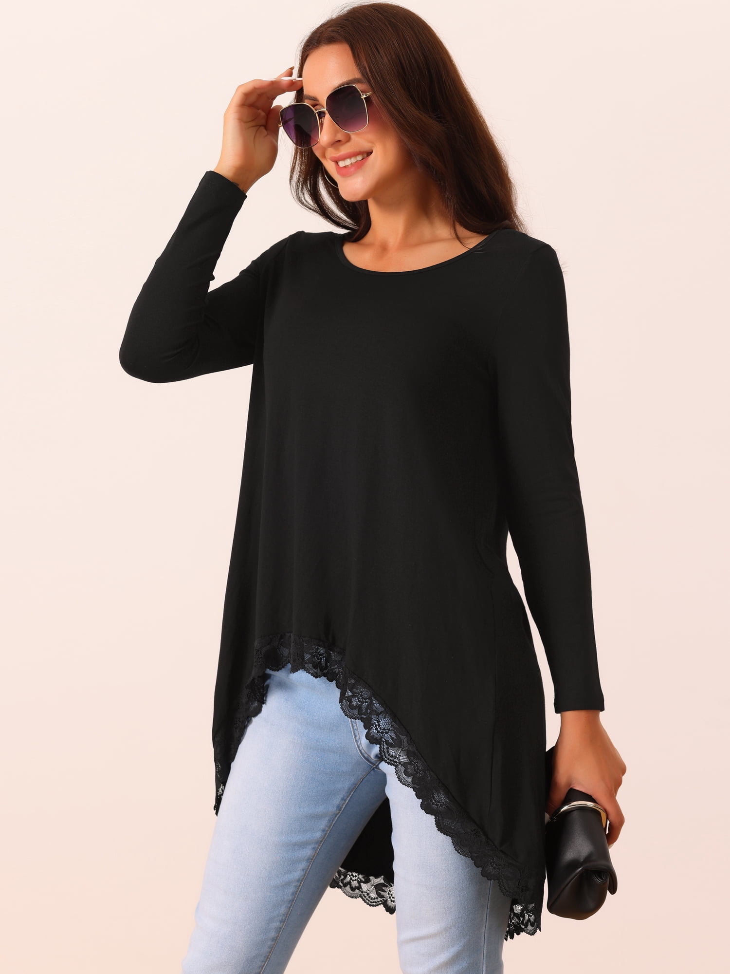 DARING DIVA Women's High Low Hem Lace Trim Flowy Blouses M Black