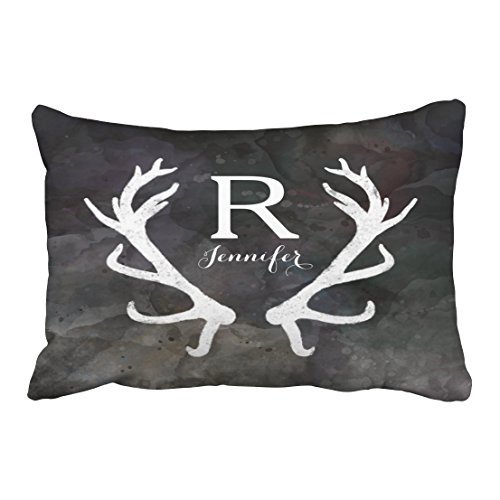 RYLABLUE Fashion Cute Dark Color Watercolor Rustic Deer Antler Monogram Polyester 20 x 30 Inch Rectangle Throw Pillow Covers With Hidden Zipper Home Sofa Cushion Decorative Pillowcases