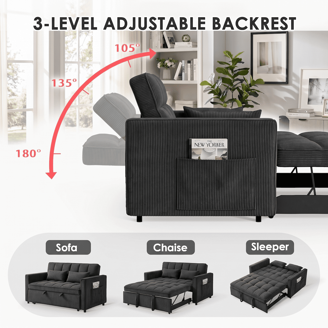 Xiweot 54" Sleeper Sofa Bed, Convertible Pull Out Couch for Living Room Apartment, Velvet Futon Loveseat Sofa Bed with Adjustable Backrest, Side Pockets, 2 Pillows, Easy Assembly (Black)