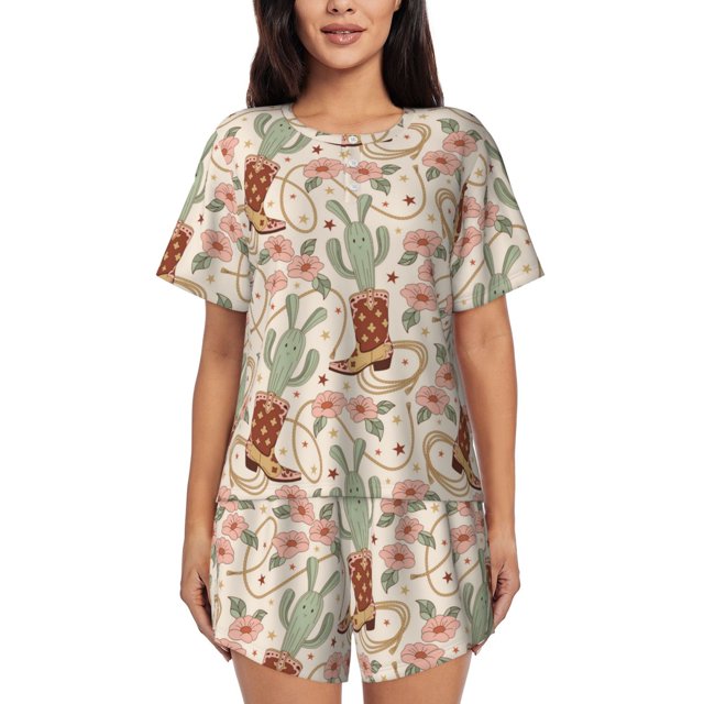 Balery Floral Cowboy Boots Conjunto de Pijama para Mujer con Estampado, Dos Piezas de Manga Corta y Shorts, Ropa de Dormir Suave con Cuello Redondo y Bolsillos-XX-Large