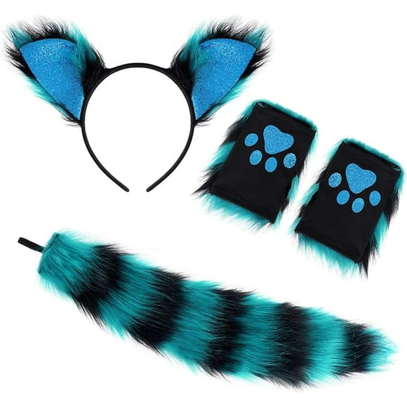 Lucoss Faux Fur Cat Wolf Fox Costume Accessories Ear Headband Gloves Wolf Fox Tail Set for Halloween Xmas Cosplay Costume Accessory