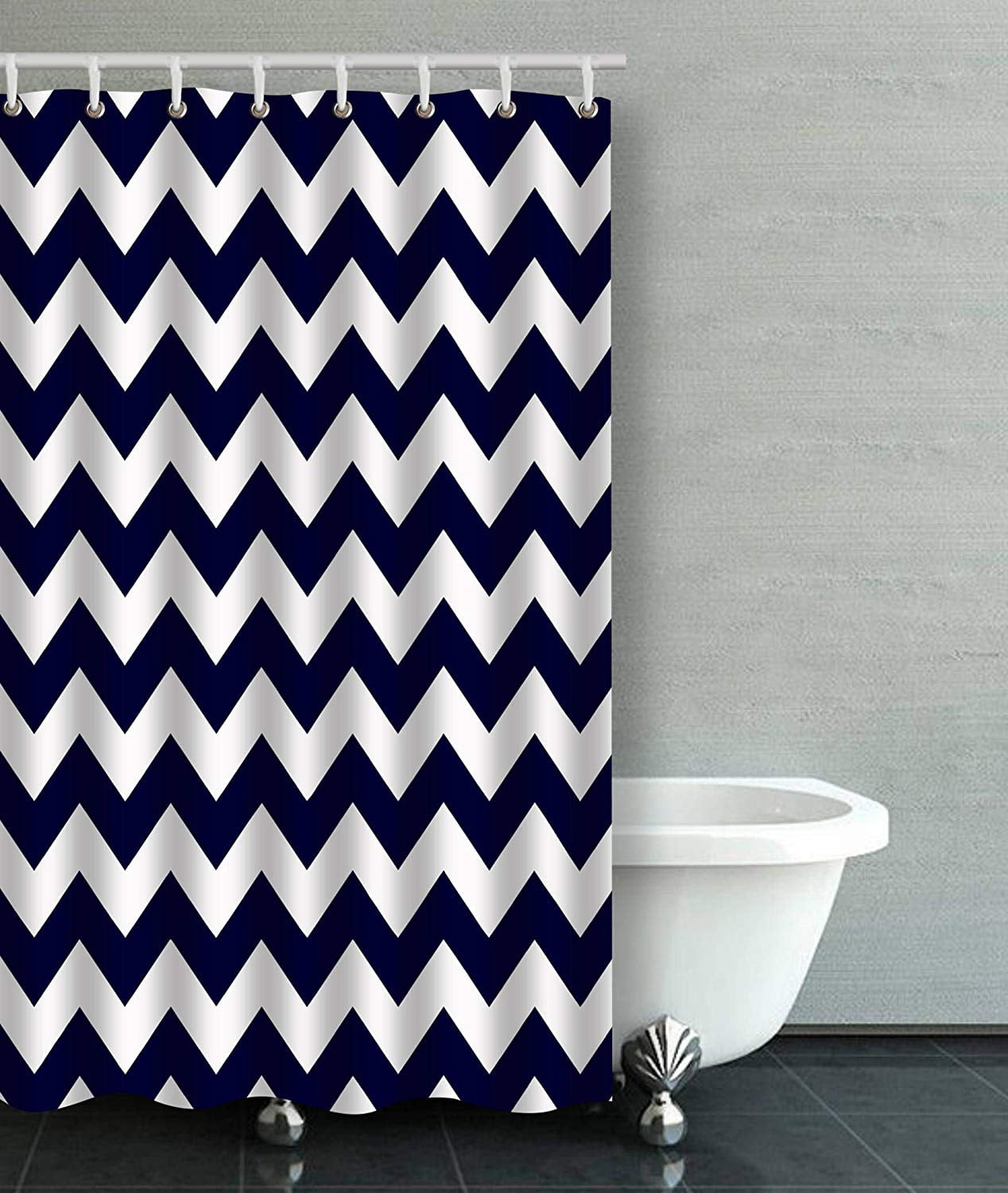 RYLABLUE Chevron Pattern Navy Blue And Whites Zigzag Bathroom Shower
