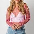 thumbnail image 2 of Women's Glitter Pearl Rhinestone Crop Top Round Neck Long Sleeve Sheer Mesh Blouse Cover Up, 2 of 5