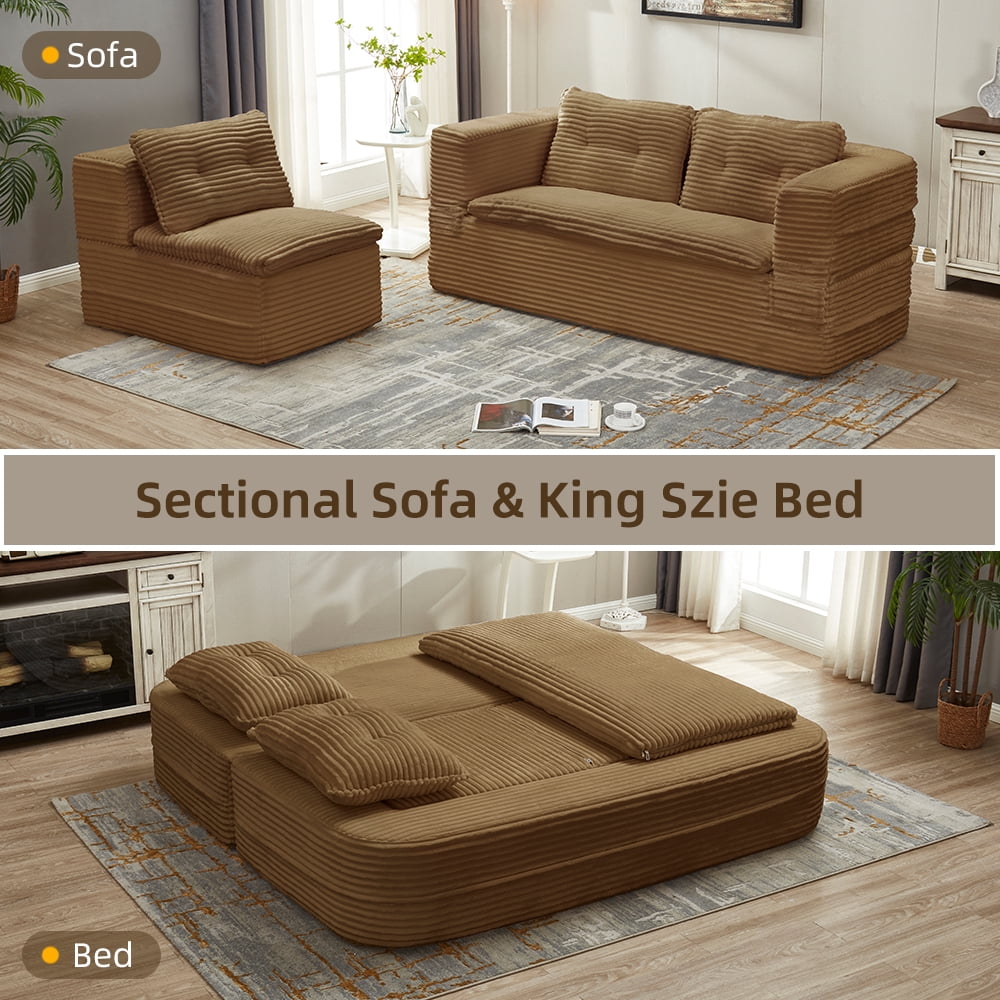 Anpport 80" King Size Convertible Sectional Sofa Bed, Plush Corduroy Deep Seat Couch with Chaise Lounge and Blanket, for Living Room Apartment, Camel