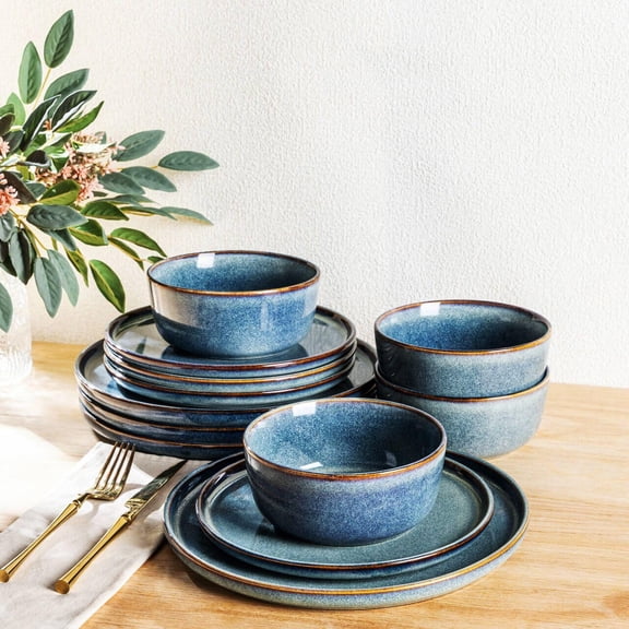 Ceylon Blue Stoneware Dinnerware Set Service for 4 12-Piece Round Reactive Glaze Dishware