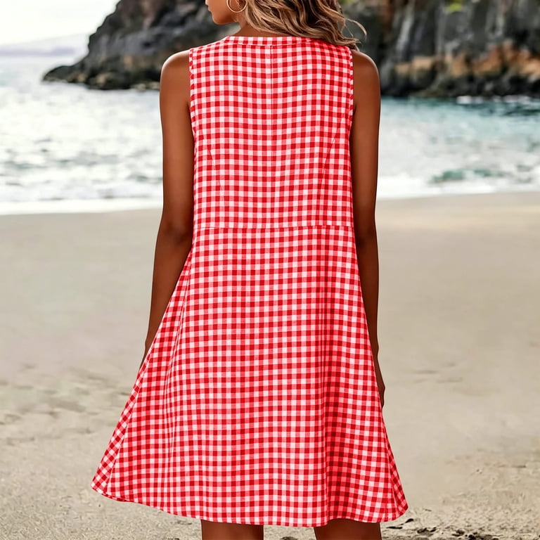 knee length tank dress Lenpel Plaid Knee Length Dresses for Women Square Neck Sleeveless Tank Dresses with Pockets Loose Fit Fashion Beach Vacation Dresses, Women's, Size: