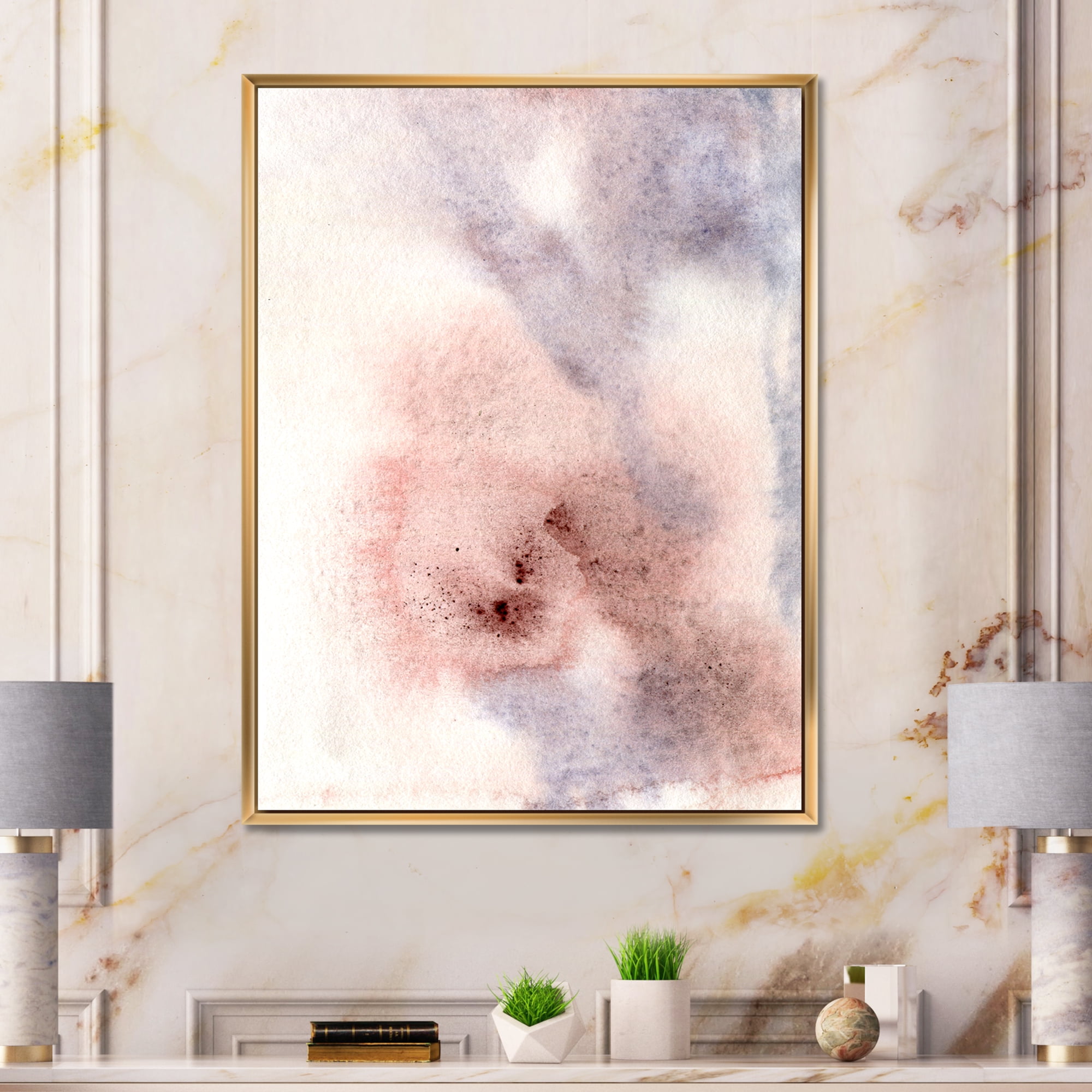 Designart 'Pastel Abstract With Pink Blue Beige and Red Spots' Modern Framed Canvas Wall Art Print