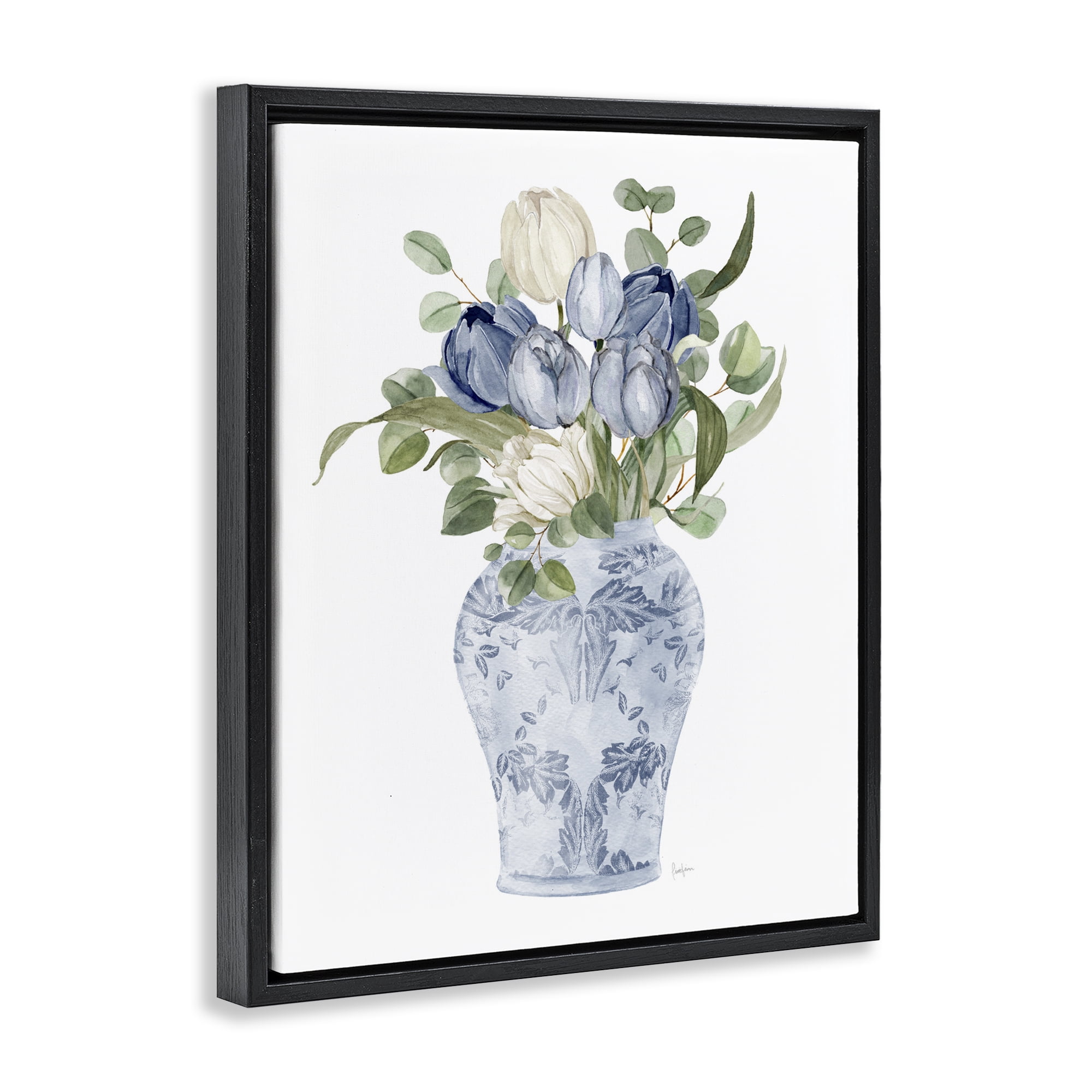 Stupell Industries Tulips & Leaves Vase Black Framed Floater Canvas Wall Art, design by Livi Finn
