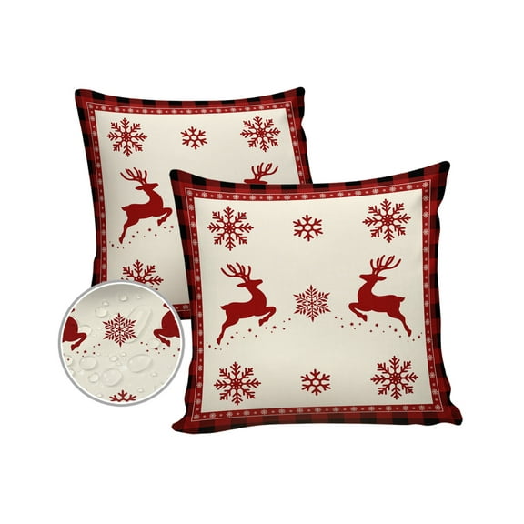 Pack of 2 Outdoor Pillow Covers, Christmas Reindeer Snowflake Red Plaid Waterproof Square Throw Pillowcase Cushion Decorative Pillow Covers for Couch Patio Tent, 18x18 in