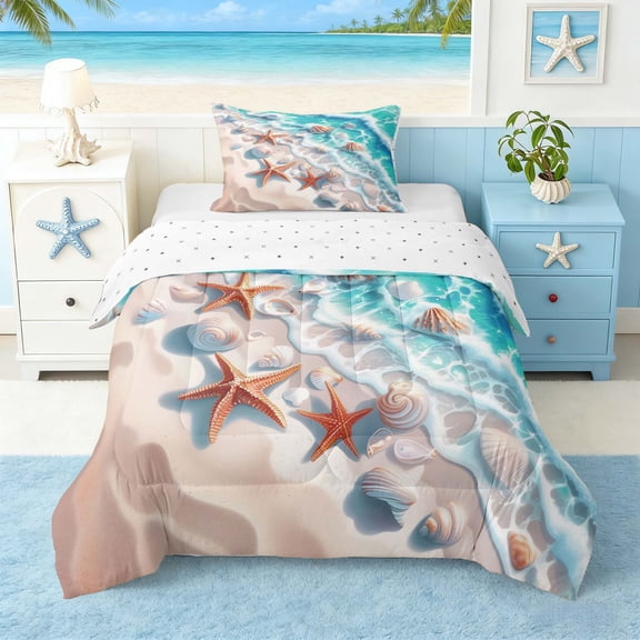 Manfei Watercolor Beach Wave Seashell Starfish Twin Comforter Sets for Kids Boys and Girls, Coastal Nautical Print Bedding Set, Reversible 2-Piece, 1 Comforter and 1 Pillowcase