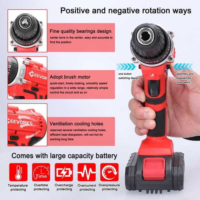 Outil de Perçage, 21v Perceuse 3 2 Vitesses 25 Couples Perceuse 3 Modes 3 Modes 2 Réglages 25 Vitesses Ajustement Rotation Couples Réglage Lithium Vitesse Vitesse Rotation Modes 2 Vitesses Outil