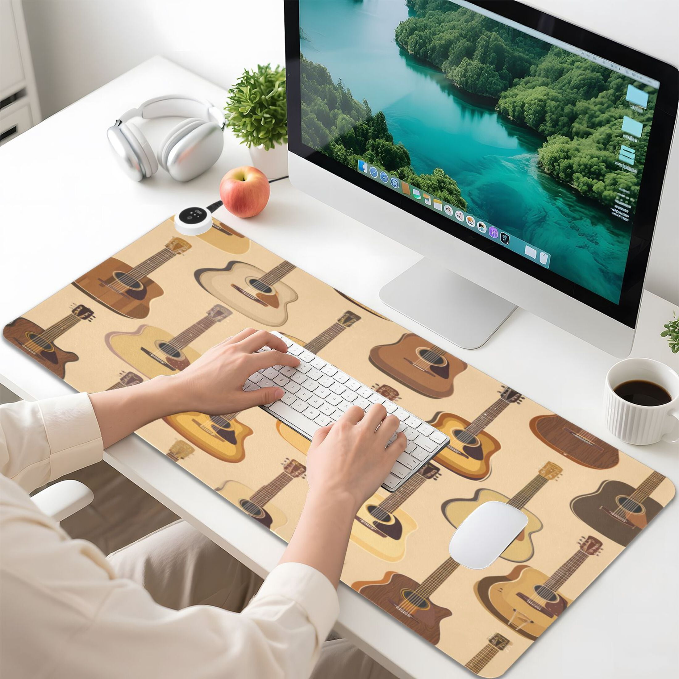 Large Heated Desk Mat Mouse Pad 31.5"x13"PU Leather Graphene Heating Desk Warmer with 3 Temperature Settings 110V US Plug Non-Slip Warm Pad for Home, Office, and Gaming Warm Acoustic Guitar Pattern