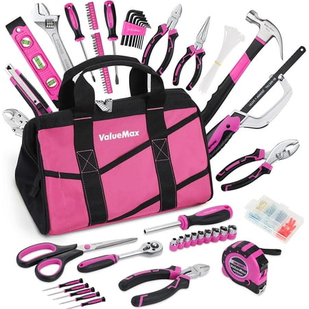 ValueMax Pink Tool Kit, 219-Pieces Home Repairing Tool Set, Household Tool Kit with Wide Mouth Open Storage Bag, Household Hand Tool Set for DIY, Gifts and Basic Home Maintenance