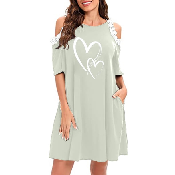 Vestido casual de verano con hombros descubiertos y manga corta con encaje y estampado Forgive para mujer Pompotops ghjkhdj14546