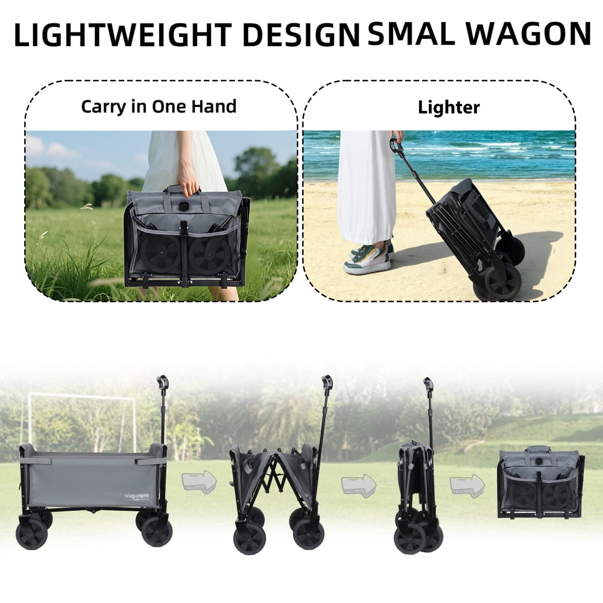 All-in-One Convertible Folding Wagon Cart with Bench Seat and Dog Leash, Heavy Duty Utility Trolley with All Terrain Wheels, Lightweight Shopping Cart for Beach, Garden, Camping, Sport, Gray