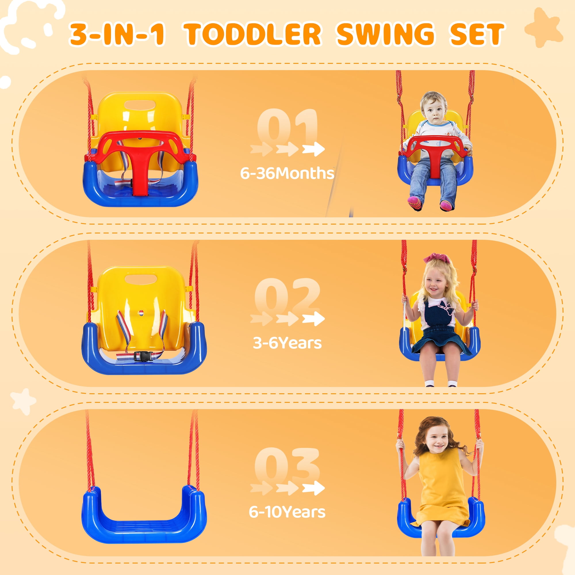 Toddler Swing Set, 3 in 1 High Back Baby Swing Set, Kids Chair Secure Swing Seat, Detachable Swing Seat for Playground Indoor Outdoor, Yellow