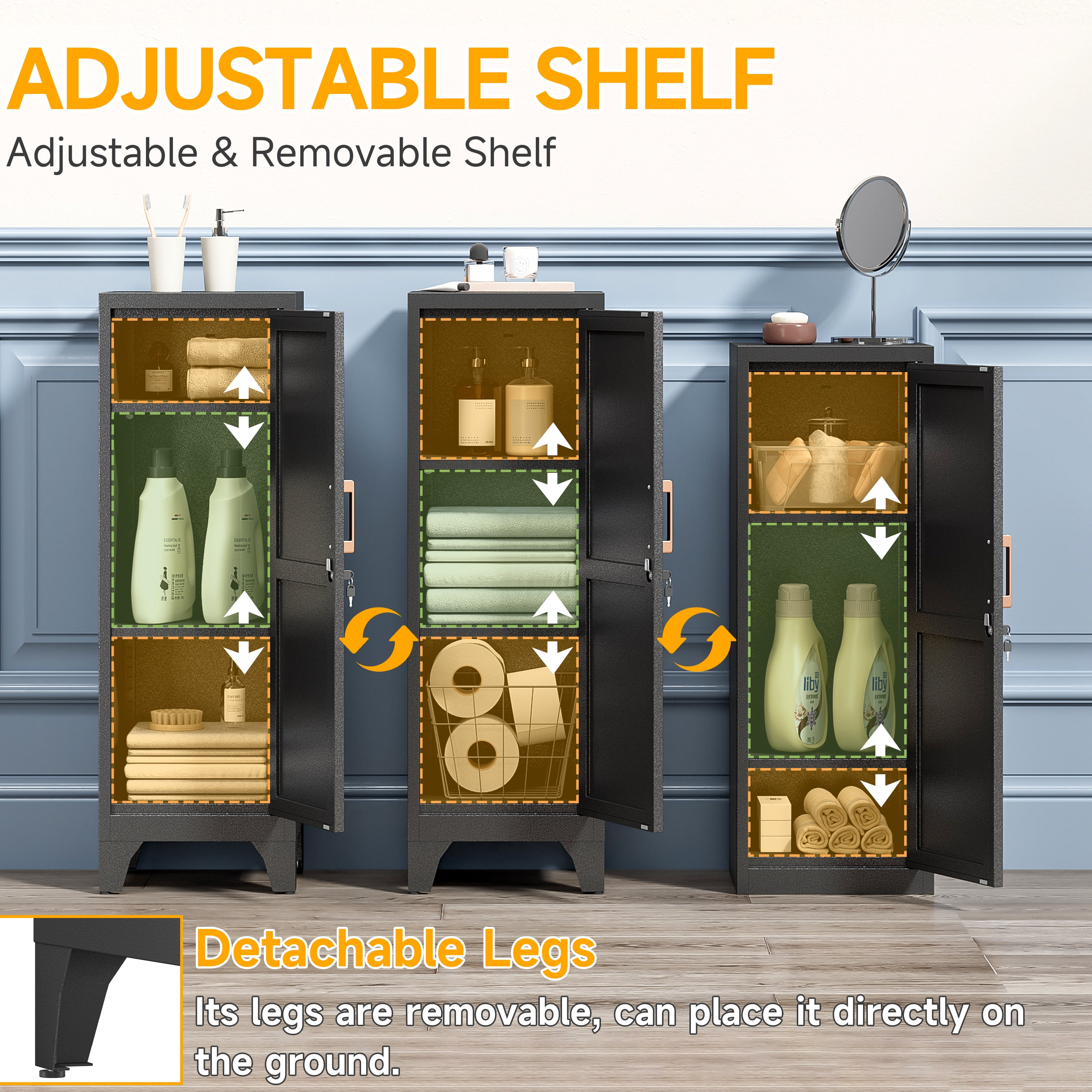 46"H Black Metal Pantry Cabinet with 1 Lockable Door and 2 Adjustable Shelves, 3 Tier Small Storage Cabinet with Detachable Legs and Vintage Handle for Kitchen,Home Office,Gym,School,Easy Assembly