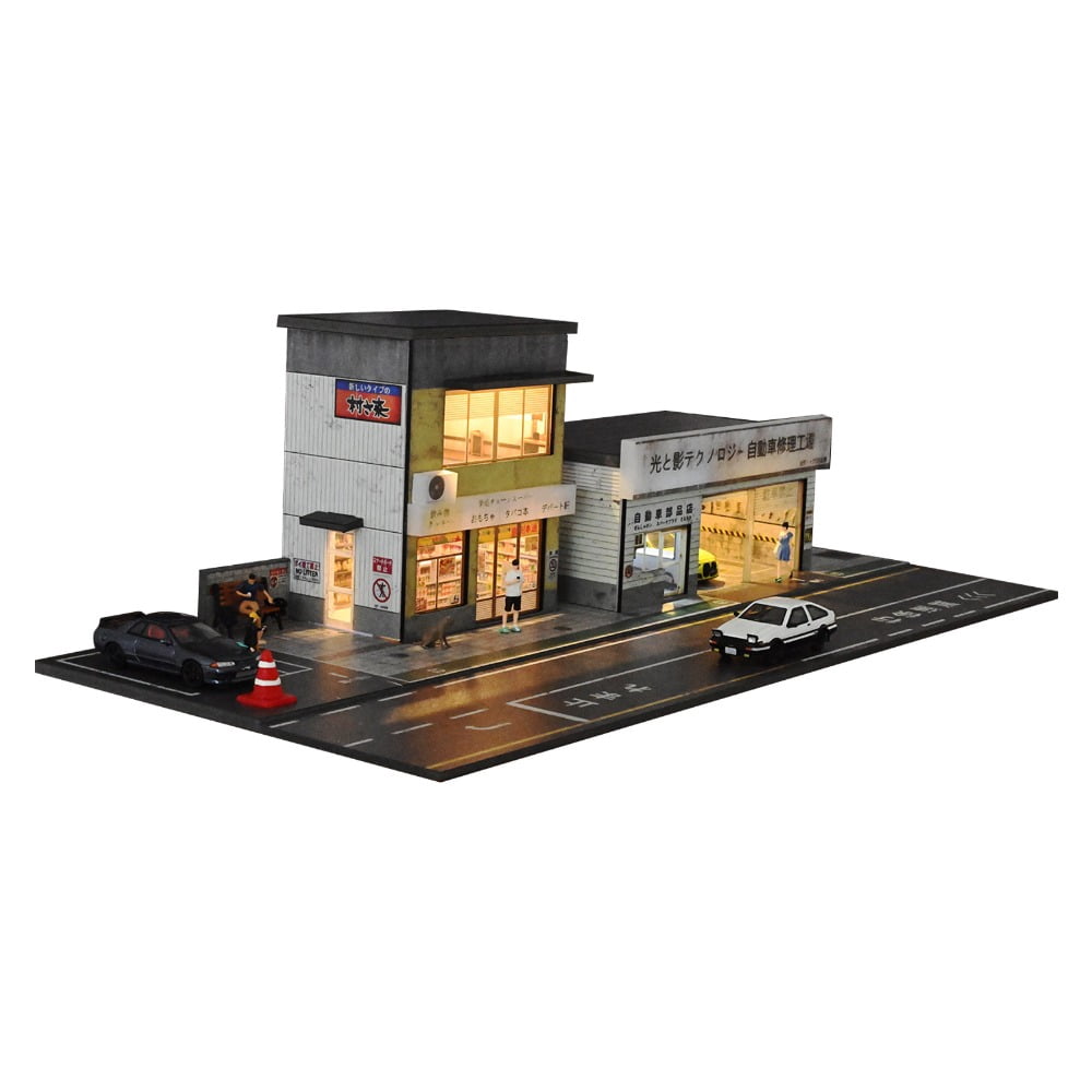 1/64 Scale Diorama Car Garage Model LED Lighting ,Diecast Car Display Case Kits,City Street Coffee Shop Maintenance Workshop Building Scene Display Model