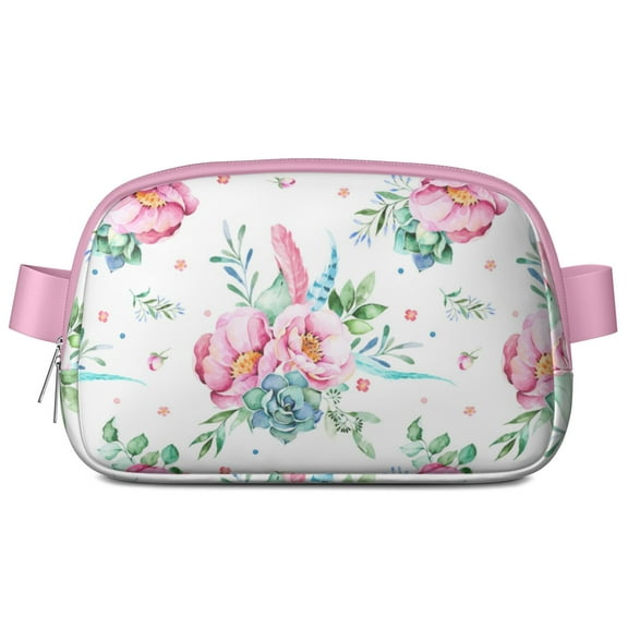Romantic Floral Fanny Pack – Country Garden Waist Bag with Blooming Peonies, Butterfly & Watercolor Leaves