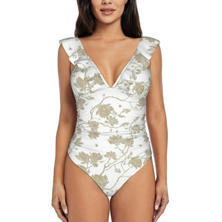 Adobk Vintage Stylized White Color Print Women s Swimsuits Slimming One Piece Bathing Suit Ruffle Wrap V Neck Swimwear - Small
