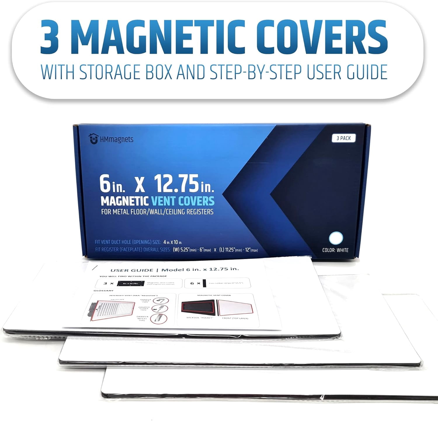 HMMAGNETS Powerful Magnetic Vent Covers (3-Pack), for Sealing Floor/Wall/Ceiling Registers of Width 5.25" to 6", Length 11.25" to 12" , White