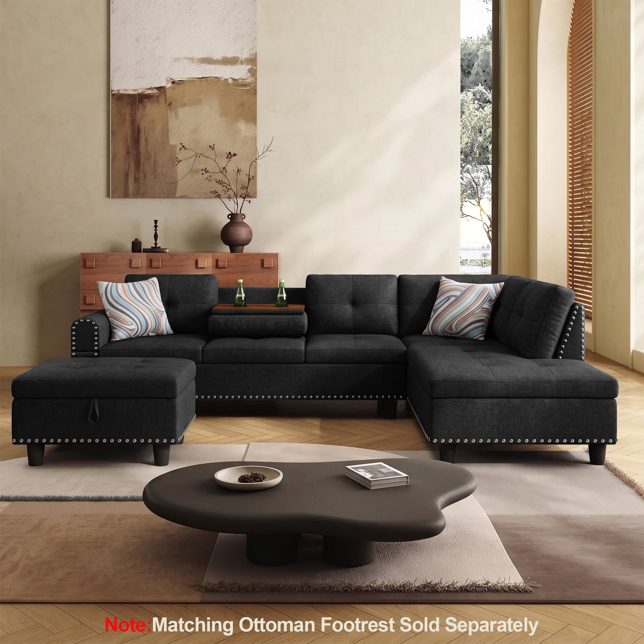 AENKYO 98" L-Shaped Sectional Sofa with Reversible Chaise and Cup Holders, Linen, Black Gray