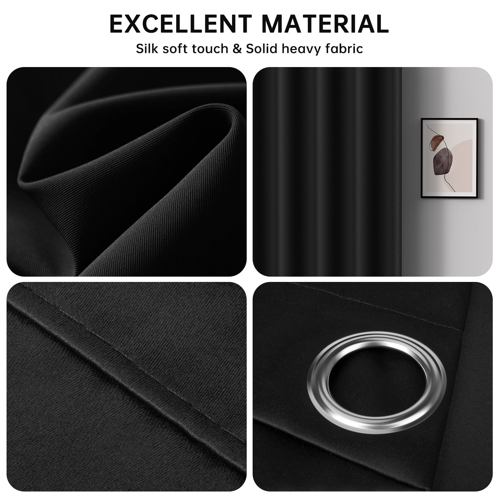 XUEYU 100% Blackout Curtains for Bedroom, Light Blocking Thermal Insulated Curtains with Noise Reduction, 52x96 Inch Room Darkening Window Drapes, Set of 2 Panels, Black