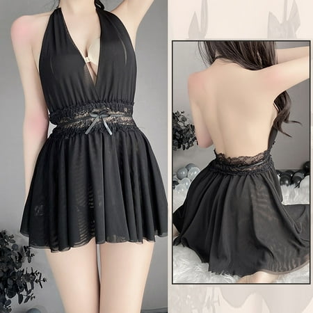 Lilgiuy Women Lingerie Lace Deep-V Neck Halter Mesh Temptation Babydoll Underwear Sleepwear Nightdress Black  One Size(One Size) Fall for 2022 Spring Winter