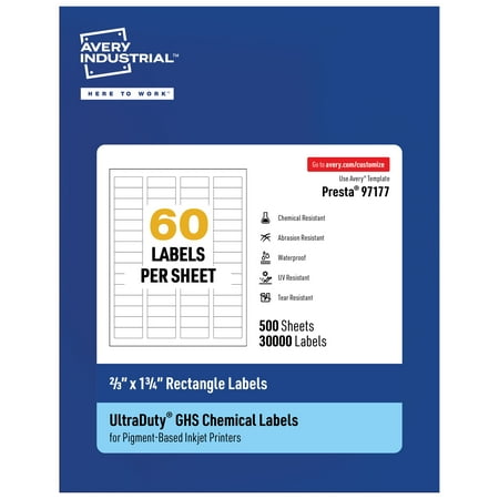UPC: 0194793900262 | Avery UltraDuty GHS Labels  Waterproof  2/3  x 1-3/4  Inch Rectangle Labels  Pack of 30000 White Labels for Use with Pigment Inkjet Printers