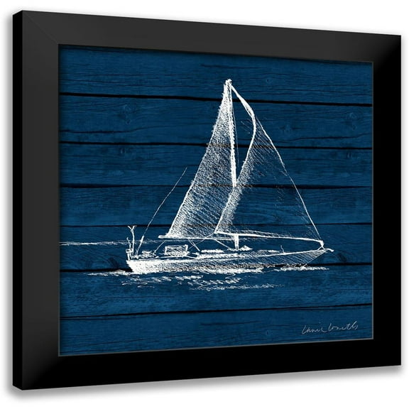Loreth, Lanie 12x12 Black Modern Framed Museum Art Print Titled - Sailboat on Blue Wood