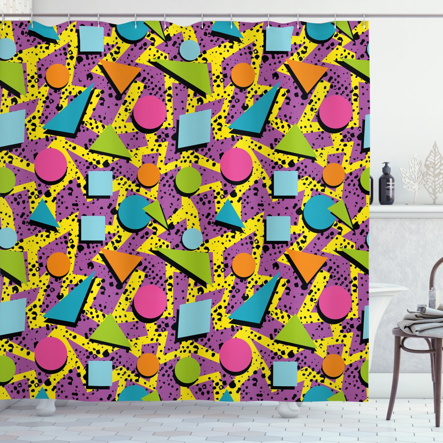 Vintage Shower Curtain, Funky Geometric 80s Memphis Fashion Style
