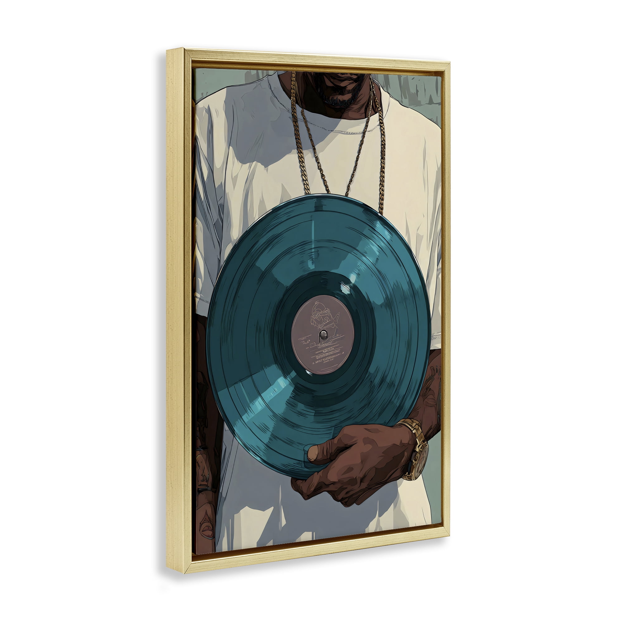 Stupell Industries Musician & Blue Music Record Gold Framed Floater Canvas Wall Art, design by Franklyn Gregory