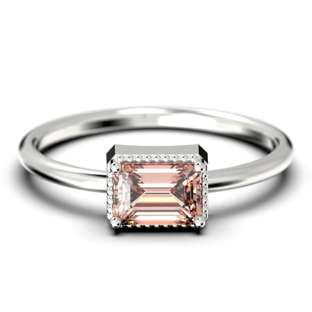 Minimalist 1.00 Carat Emerald Cut Morganite And Diamond Moissanite Engagement Ring, Wedding Ring In 10K Solid White Gold, Gift For Her, Promise Ring, Anniversary Ring