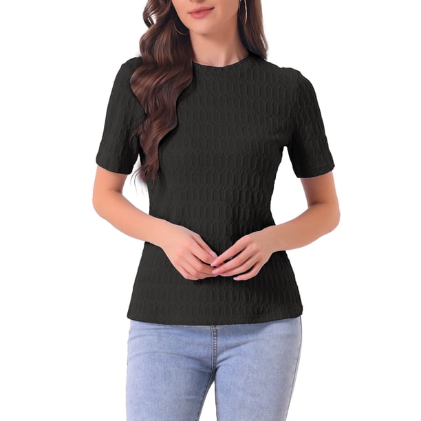 Camiseta básica de mujer INSPIRE CHIC, cuello redondo, manga corta, textura, color negro