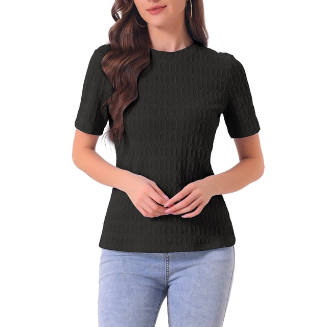 Camiseta básica de mujer INSPIRE CHIC, cuello redondo, manga corta, textura, color negro
