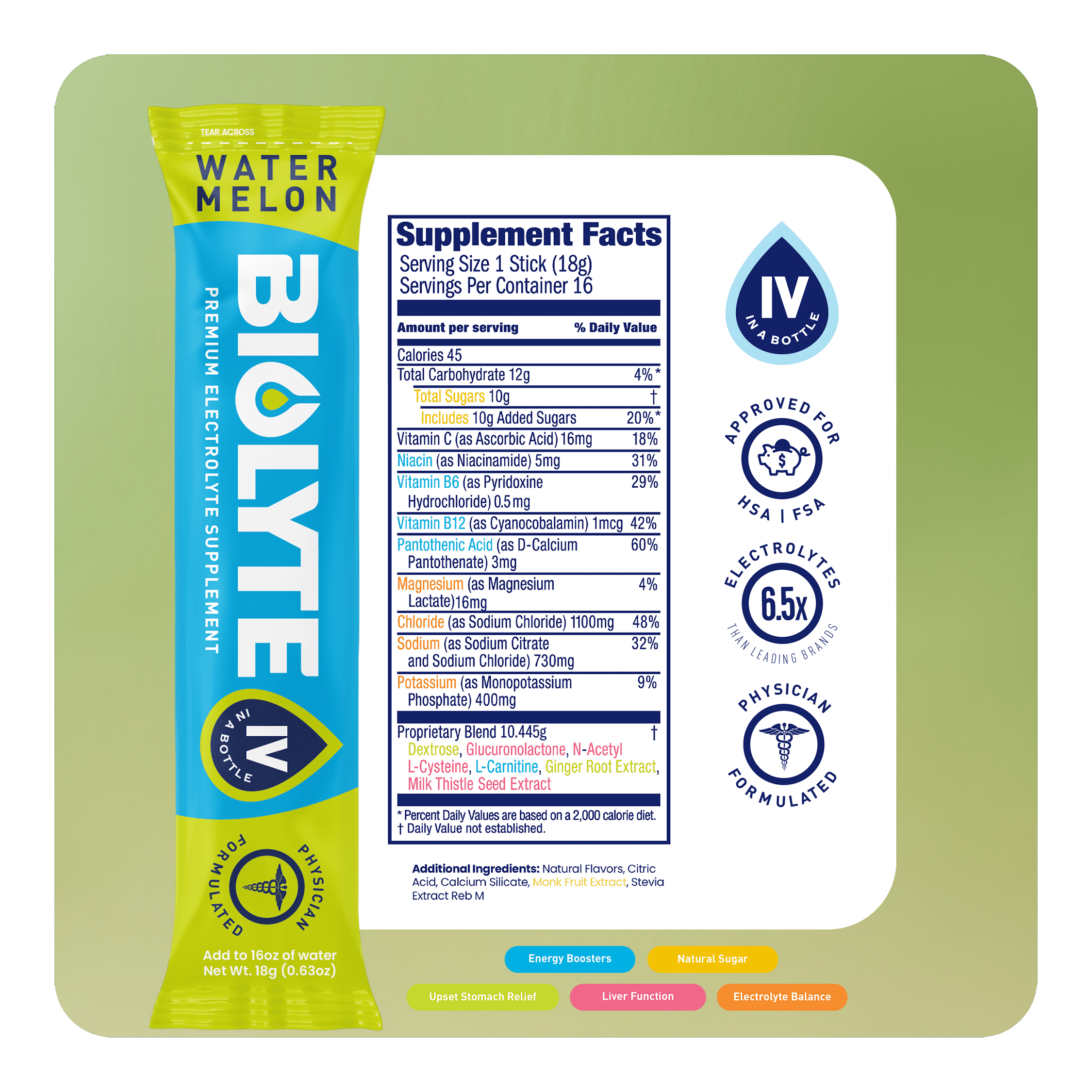 BIOLYTE Electrolyte Powder Packet Drink Mix for Rapid Hydration, Watermelon, 6 pack