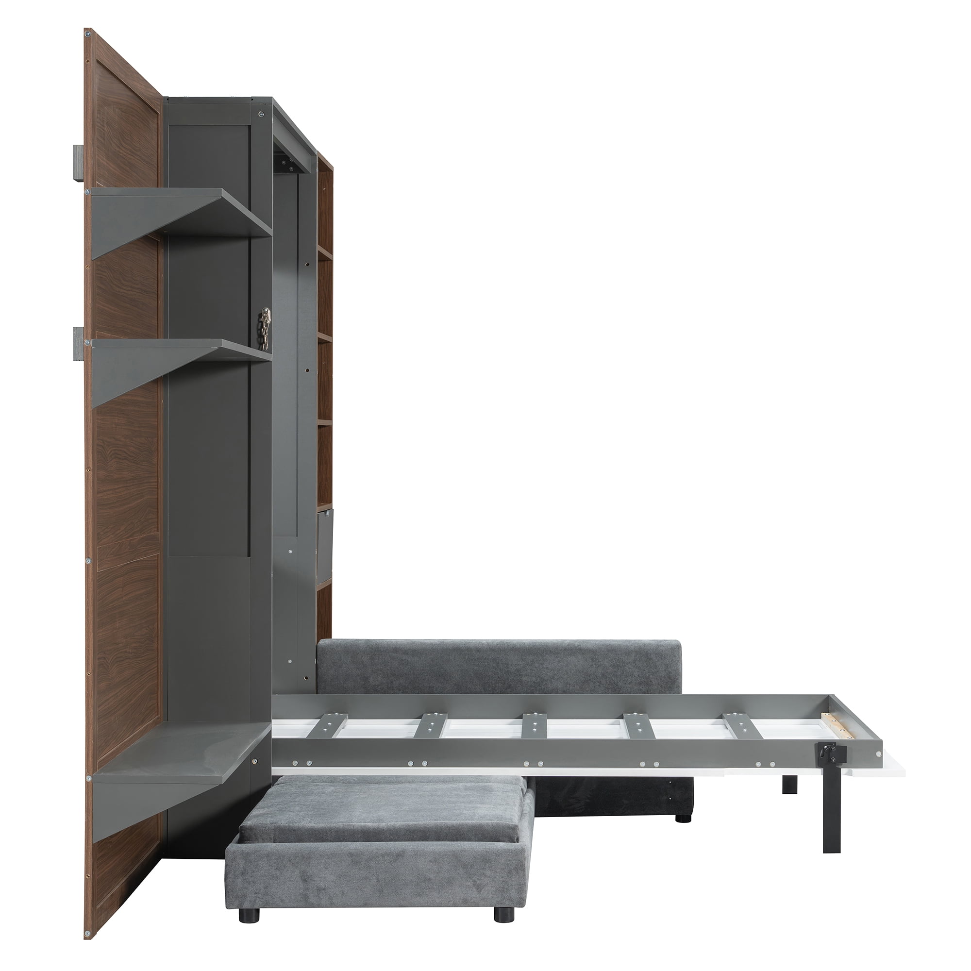 Twin Size Murphy Bed with SOpen Shelf, USB Port, L Shape Sofa, Space-Saving for Small Space, Guest Room