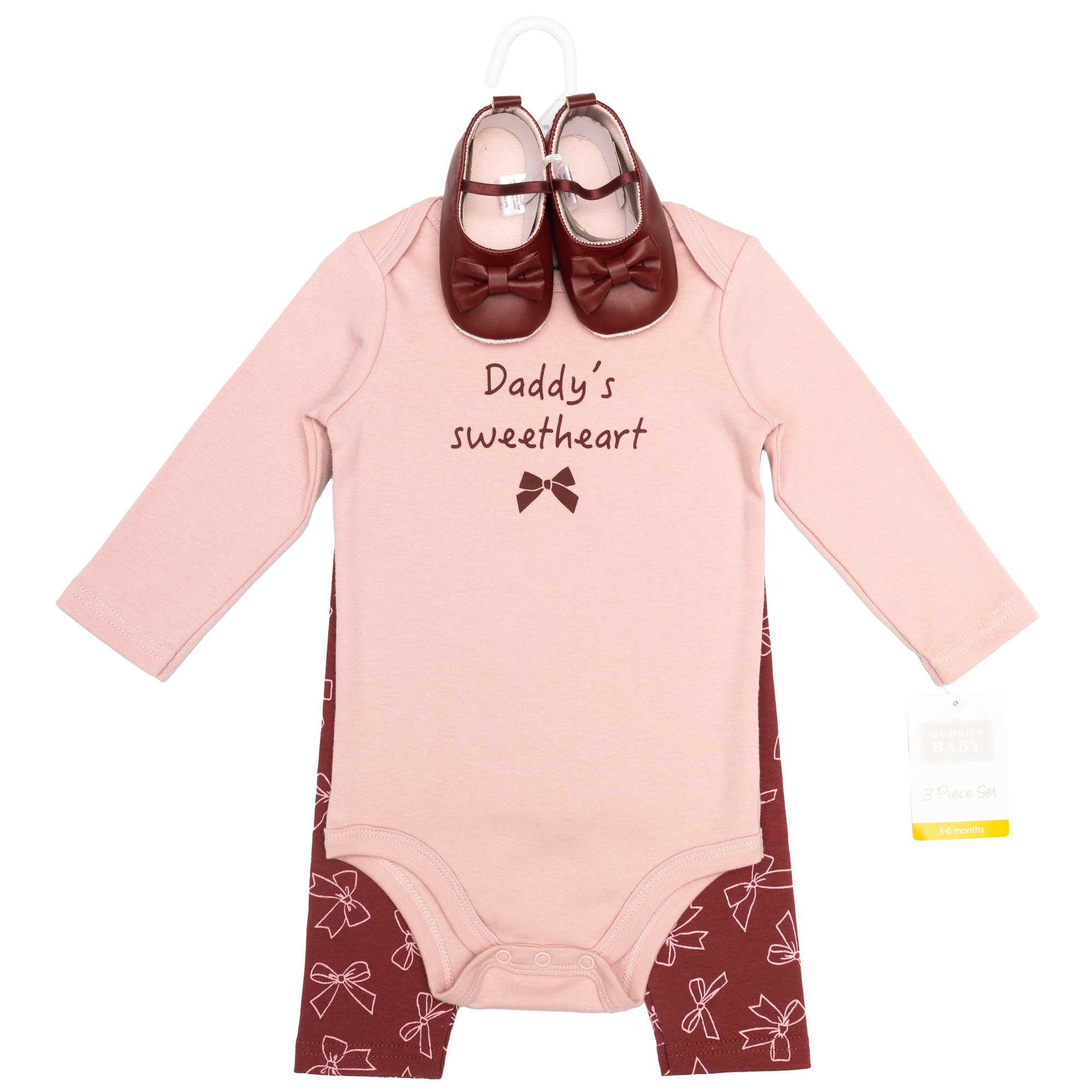 Hudson Baby Infant Girls Cotton Bodysuit, Pant and Shoe Set, Sweetheart Bows, 9-12 Months