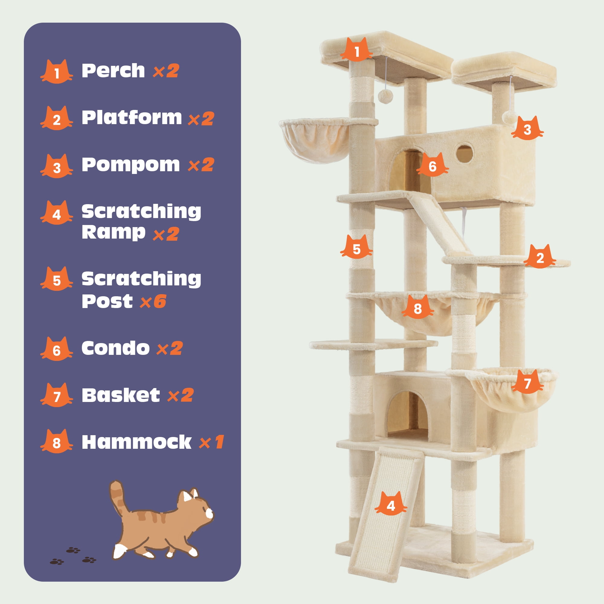 Sifurni 81" Multi-Level Tall Cat Tree Tower for Large Cat with Cat Condo and Hammock, Scratching Post & Scratching Ramp, Beige
