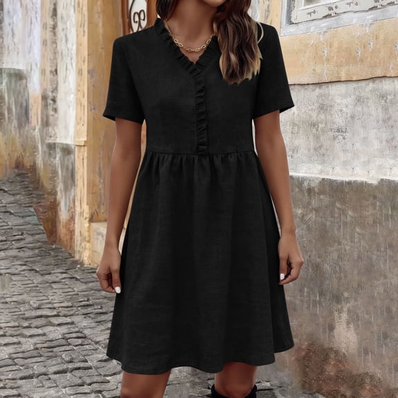 Dolkfu Short Sleeve Women'S Fall&Winter Dresses Black Mid-Length V-Neck Fashion Dresses Vintage Finish Regular Solid Fit & Flare Dresses Black,L