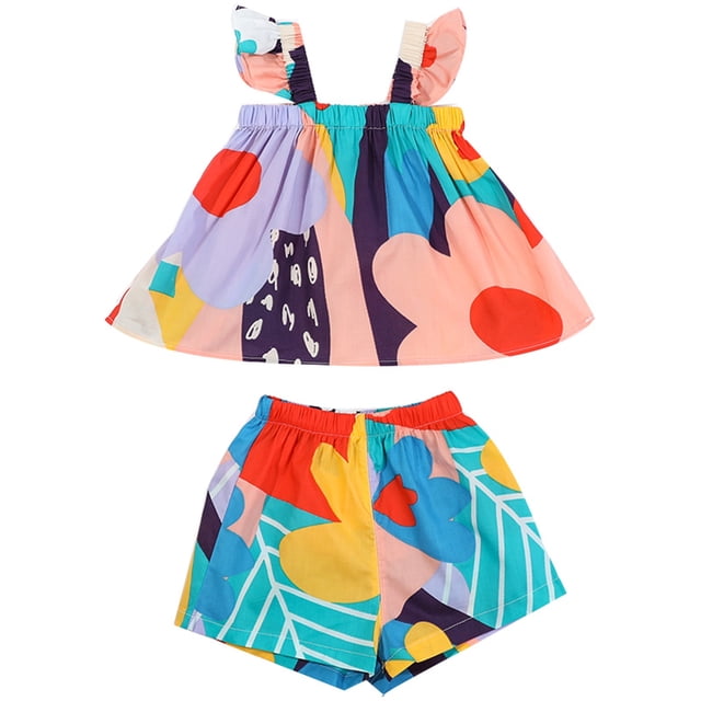 TZEWGL Summer Patchwork Sleeveless Tops With Shorts Outfit Sets For Girl 2 Piece Sets For Kids size