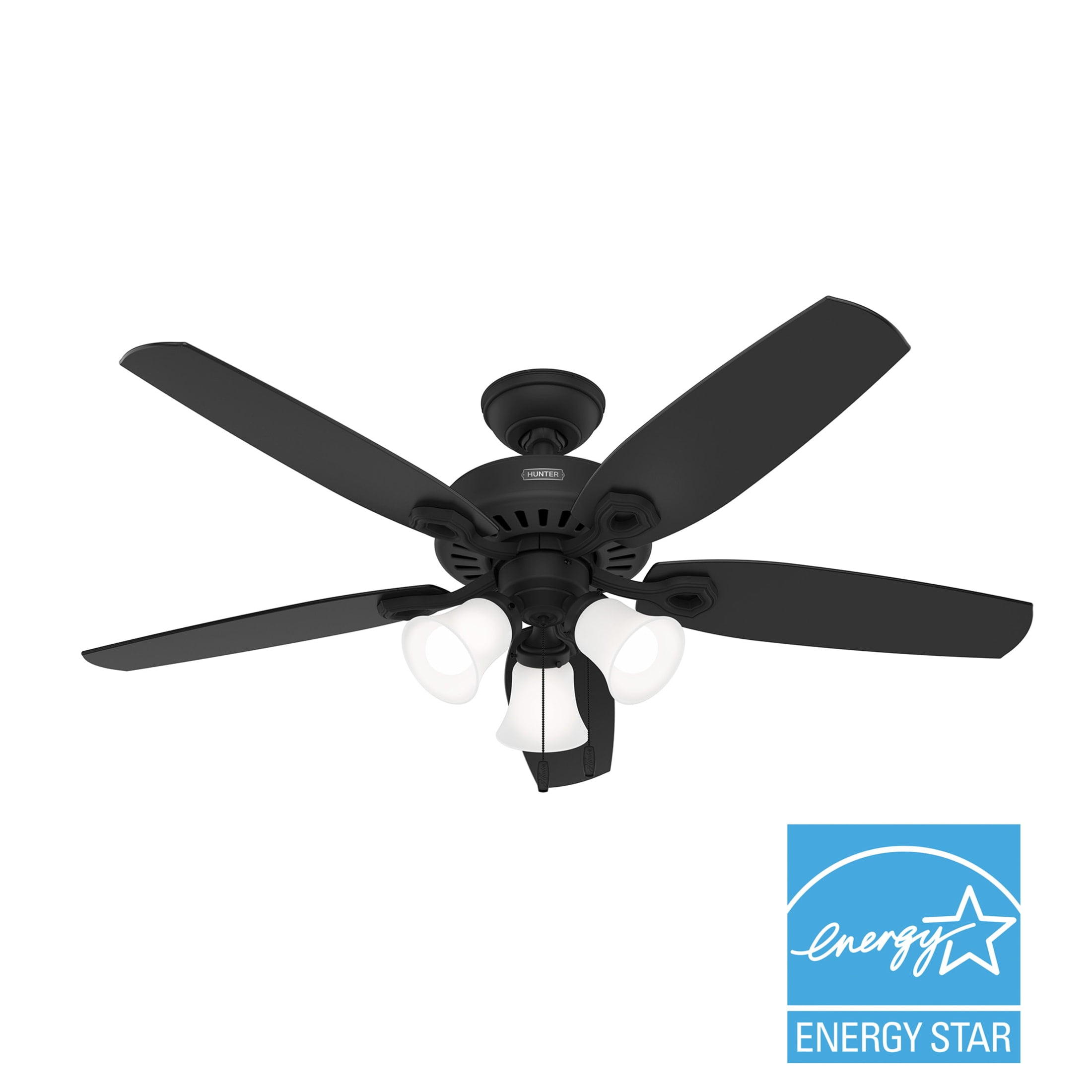 Hunter 52 inch Indoor Ceiling Fan with LED Lights - Black Ceiling Fan with Pull Chain, For Bedroom or Living Room, Standard Mount, No Remote, 5 Blades, Includes Bulbs - Builder 52731, Matte Black