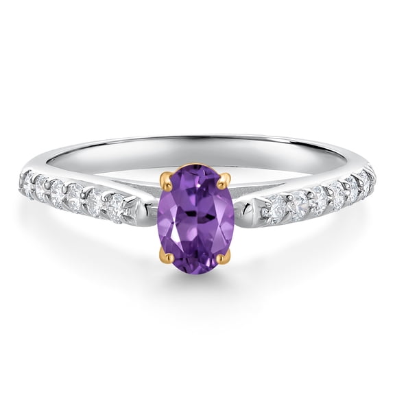 Gem Stone King 925 Sterling Silver and 10K Yellow Gold Purple Amethyst and White Lab Grown Diamond Engagement Ring for Women (0.63 Cttw, Oval 6X4MM, Gemstone February Birthstone, Size 7)