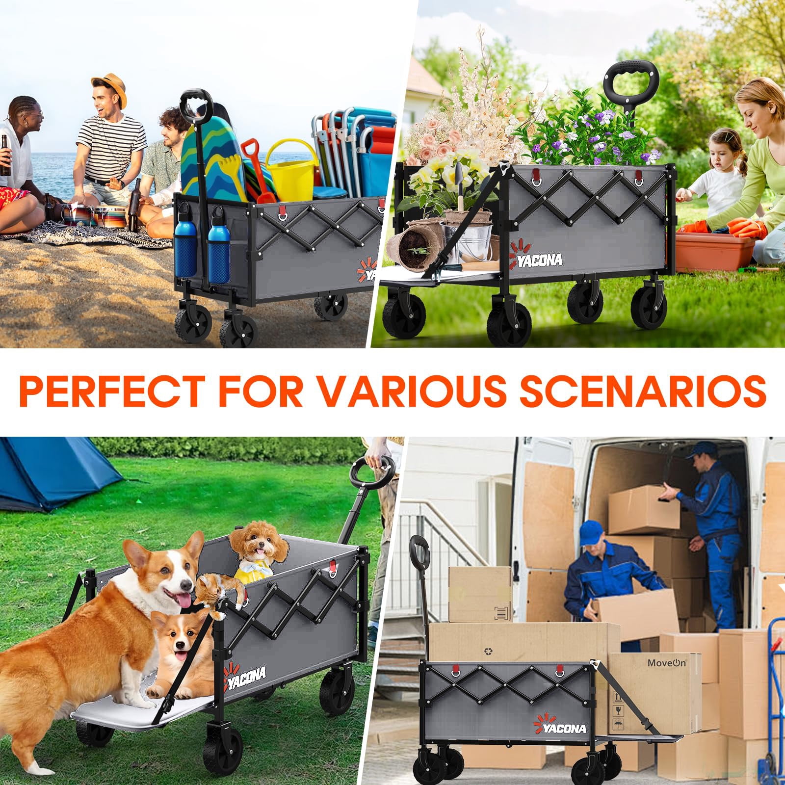 360lbs Foldable Wagon Cart with Extended Tailgate, Extra Long Folding Beach Wagon, Collapsible Cart with Wheels, for Grocery, Camp, Shop, Garden,Gray