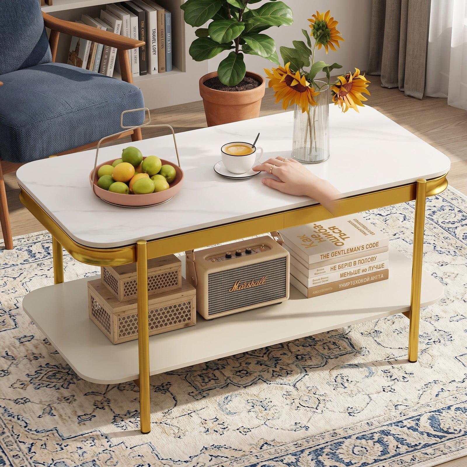 Furnibear 2-Tier Modern Rectangular Coffee Table with Sintered Stone Top, Living Room Center Table with Open Storage Shelf, Scratch-Resistant Waterproof Metal, White