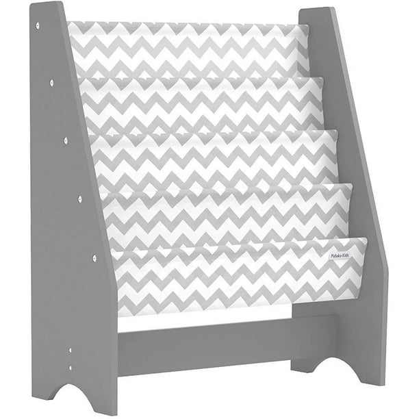 Pidoko Kids Sling Bookcase, Grey with Chevron Wooden Children's